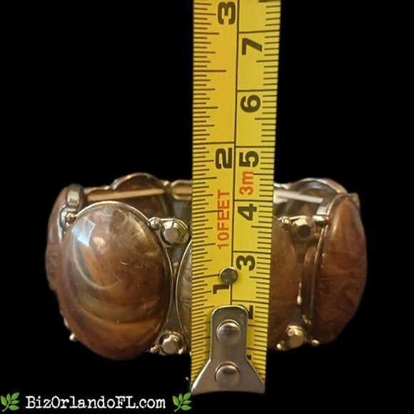 VINTAGE: Gold Tone Link Stretch Bracelet w/ Brown Swirl Acrylic Cabochons *RARE* - Picture 5 of 7